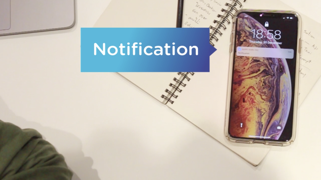 4. HappyWork App : Notification Feature แจ้งข่าวสารด่วนไว ในแอปพลิเคชันเดียว ด้วยระบบการแจ้งเตือน อัตโนมัติ ทำให้สามารถรับทราบข้อมูลจากประกาศจากบริษัทได้ทันที